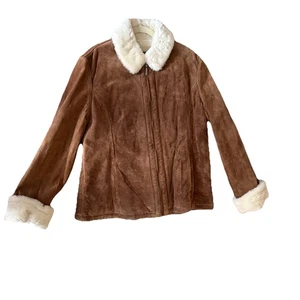 Liz Claiborne Echtleder Mantel Kastanienbraun XL Reißverschluss vorne Sherpa wie Besatz - Bild 1 von 7