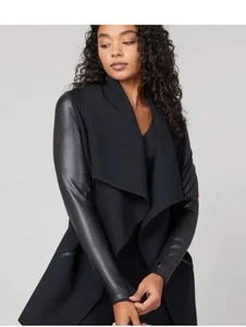BLACK SPANX DRAPE FRONT CONVERTIBLE PONTE KNIT FAUX LEATHER JACKET 3xl $178 - Picture 1 of 17