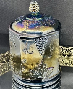 Vtg Indiana Carnival Glass Blue Iridescent Grape Harvest Canister Jar with Lid - Bild 1 von 12