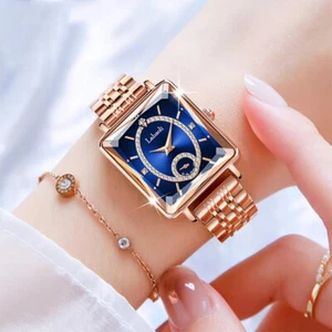 Luxury Ladies Quartz Watch Blue Dial Stainless Steel Strip Rhinestone Bracelet - Picture 1 of 12