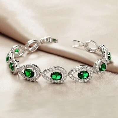 18K White Gold GF Made With SWAROVSKI Crystal Pear Oval Green Tennis Bracelet Foto 1 de 4