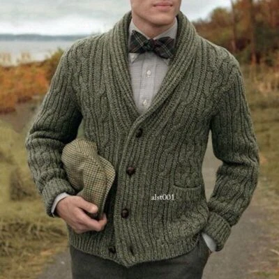 Mens Knitted Sweater Casual Lapel Cardigan Coat Loose Button Long Sleeves Winter - Image 1 of 4