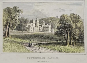 POWDERHAM CASTLE Devonshire - Antique small coloured Print - Picture 1 of 3