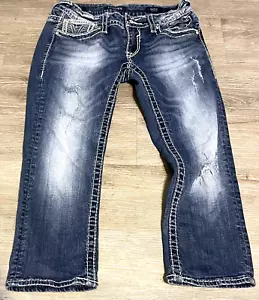 Vigoss Chelsea Black label Rhinestones Capri 27 distressed Boot cut blue jeans - Picture 1 of 8