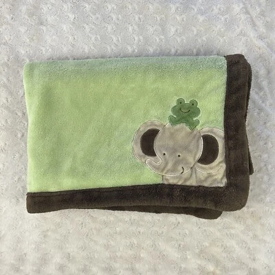 Little Bedding by NoJo Elephant Frog Baby Blanket Green Brown Edge Tan Lovey - Image 1 of 4
