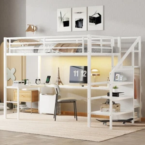 Twin XL Size Loft Bed with L-shaped Desk and USB, Metal Loft Bed with Wardrobe - Picture 1 of 15