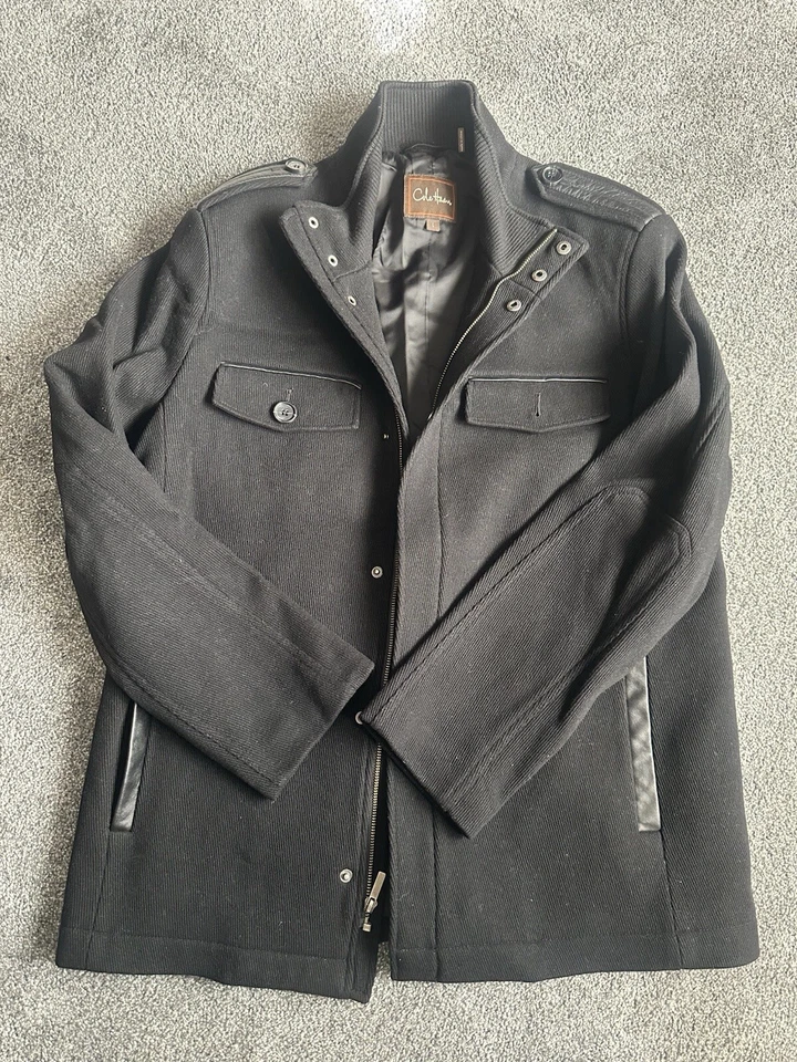 Chaqueta de algodón estilo militar Cole Haan con detalles de cuero - negra - grande Foto 1 de 1