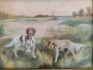 Folk Art Watercoler Spaniels Dogs Primitive Vintage Antique Hunting Sighed 1912  - Picture 1 of 20