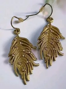 Gold Tone Feather Rhinestone Earrings Crystal Dangle Drop Boho - Picture 1 of 3