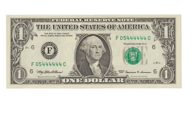1999 $1 Federal Reserve Note Near Solid 444444 Hard To Find Note!! - Image 1 of 2