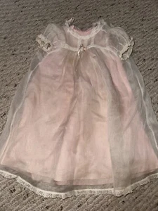 Antique Ivory Off White Sheer Doll Gown Dress Pink Undergarment Slip Christening - Picture 1 of 7