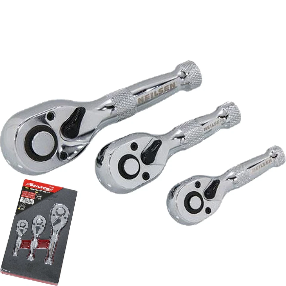 Neilsen Stubby Socket Ratchet Handle Set 1/4" 3/8" 1/2" 72T Set In EVA Foam 3pc - Image 1 of 4