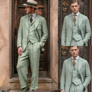 Green Linen 3Pcs Men Suits Peak Lapel Summer Wedding Tuxedos Formal Party Jacket - Picture 1 of 10
