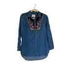 Holding Horses Anthropologie Denim Embroidered Floral Western ButtonUp Tunic Top