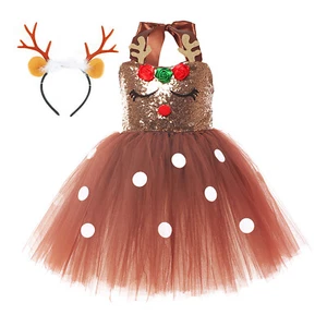 Kids Girls Christmas Costume 2Pcs Outfit Reindeer Fancy Dress Party Cosplay - Picture 1 of 19