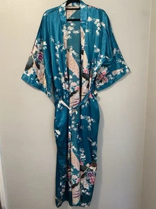 Kim+Ono Satin Floral Bird Details Waist Tied One Size Fit Most Teal Color - Picture 1 of 6