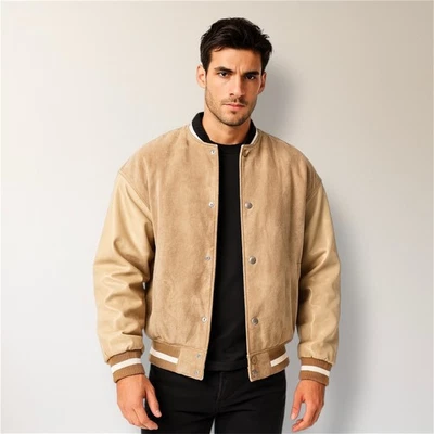 Chaqueta de bombardero universitaria de gamuza marrón tostado SHEIN retro de gran tamaño Academia Preppy M Foto 1 de 4