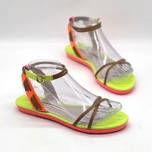 SOPHIA WEBSTER Sandale plate femme 38,5 rose fluo jaune cuir bride cheville NEUVE - Photo 1/13