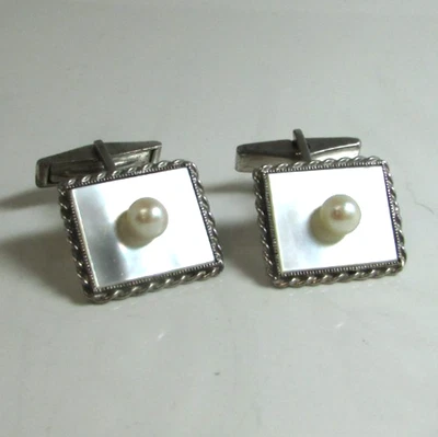 Gemelos vintage MCM de plata esterlina perla y madreperla para hombre Foto 1 de 4