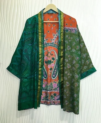 Jaqueta cardigã curta de seda pura quimono espanador capa roupão solto verde KMS3714 - Imagem 1 de 4