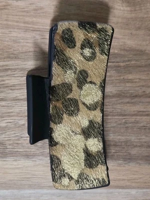Hair On Hide Leather Claw Clip Gold Leopard Print On Black Clip 4.1" - Image 1 of 3
