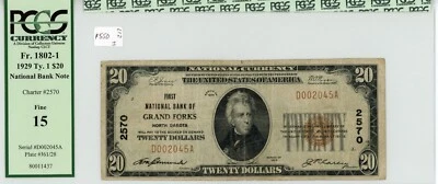 1929 type 1 Grand Forks, ND $20 note NBof Grand Folks CH#2570 PCGS 15 - Image 1 of 2
