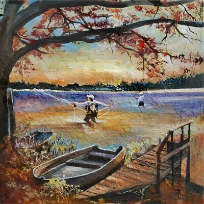 YARY DLUHOS Pesca con Mosca Pescadores Puesta de Sol Lago Paisaje Arte Original Pintura al Óleo Foto 1 de 4