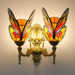 Wall Lamp Pair light 2 Tiffany Stained Glass Shade Butterfly Design Vintage  