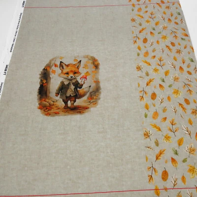 Stoff French Terry Baumwolle Panel 78x140 cm Herbst Hasen Fuchs beige orange - Bild 1 von 4