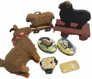 VTG Set of Sheep Ewe Lambs Ornaments Tins Wooden Primitive Figurines Farmhouse - Picture 1 of 16
