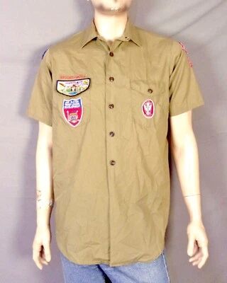 vintage 50s 60s BSA Boy Scouts Loop Collar Shirt RARE Patches Nampa-TSI Flap L - Image 1 of 4