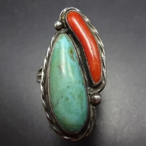 Signierter Vintage NAVAJO Türkis ALTE ROTE MEDAILLE KORALLE Sterlingsilber RING Größe 6,75 - Bild 1 von 15