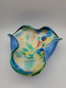 MURANO Cased Blue art Glass TUTTI FRUTTI BOWL Silver Flek Polished Bottom - Picture 1 of 9