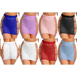 Women's Sheer Mesh Miniskirt See Through Side Hollow Out Club Sparkly Rhinestone - Picture 1 of 50