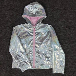C&C California Jacket Girls 12 Silver Metallic Shiny Full Zip Hooded Rain Casual - Picture 1 of 9