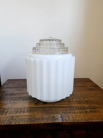 Antique 1920s Art Deco Milk Glass Skyscraper Pendant Ceiling Light Fixture Shade Cover