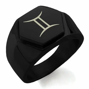 Stainless Steel Astrology Gemini Mens Hexagon Crest Biker Style Signet Ring - Picture 1 of 3