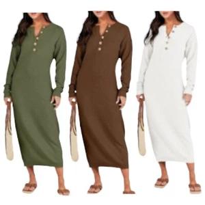 Women's Fall Midi Sweater Dress Oversized Casual Loose Fit Waffle Knit Trendy - Picture 1 of 25