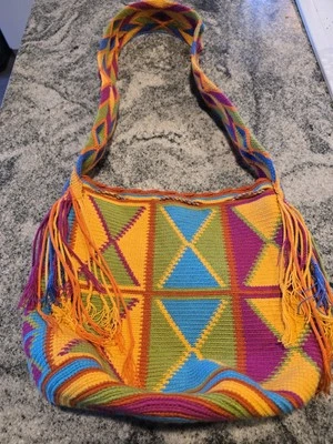 Wayuu Mochila Bag Colombian Neon Multicolor Tassels Boho Bright Crossbody  - Image 1 of 4