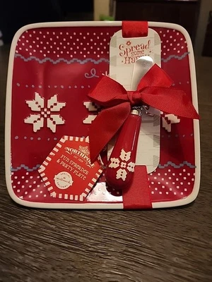 Snowflake Holiday Cheese Snack Plate And Spreader Red Hallmark - Image 1 of 4