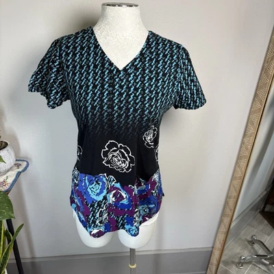 Grey’s Anatomy by Barco Women's Medium ~ Black Teal Floral Scrub Top Nurse Med - Image 1 of 4