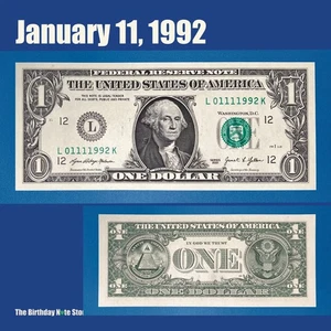 January 11, 1992 Birthday Anniversary $1 One Dollar Bill Serial Number 01111992 - Picture 1 of 2