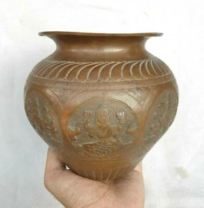 Vintage Old Antique Copper Handcrafted Very Rare Goddess Engraved Holy Water Pot - Picture 1 of 12