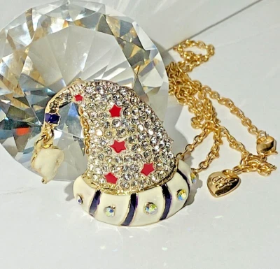BETSEY JOHNSON BROOCH PENDANT CLEAR CRYSTAL ENAMEL CHRISTMAS SANTA STOCKING HAT  - Image 1 of 4