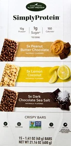Simply Protein Crispy Bars Peanut Butter Chocolate Lemon Coconut, 15 Count - Picture 1 of 2