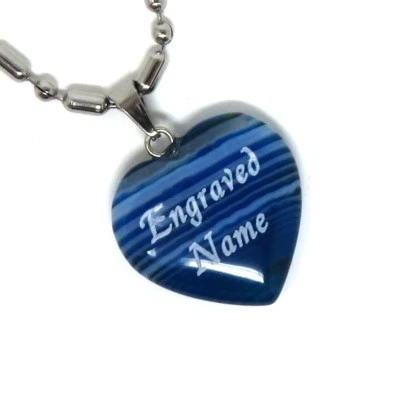 Custom Engraved Stone Agate BLUE Heart Pendant Necklace - Personalized - USA - Image 1 of 4
