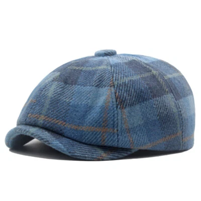 Men Warm Wool Blend Plaid Newsboy Cap Retro Cabbie Hat Painter Artist Beret Hat - Image 1 of 4