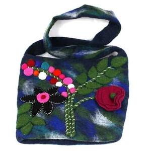 Borsa a mano FairFelt 3 steli blu navy floreale donna lana feltro commercio equo e solidale - Foto 1 di 3