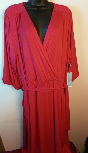 Draper James 2X Abito San Valentino Rosso Scollo V Finto Avvolgente Maniche a Sbuffo Tasche