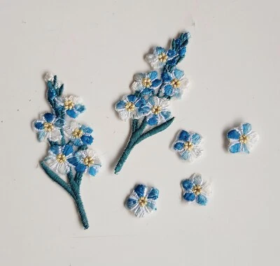 Small Flowers Forget Me Not Set of 2 branches & 4 Flowers Embroidered Patch - Image 1 of 4